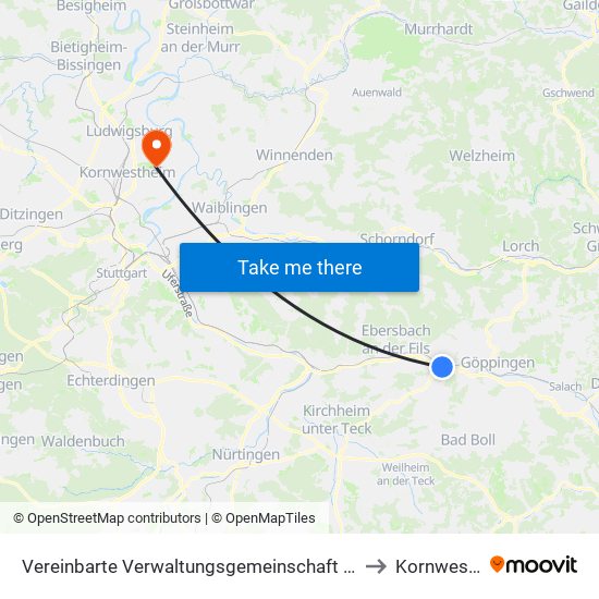 Vereinbarte Verwaltungsgemeinschaft Der Stadt Uhingen to Kornwestheim map