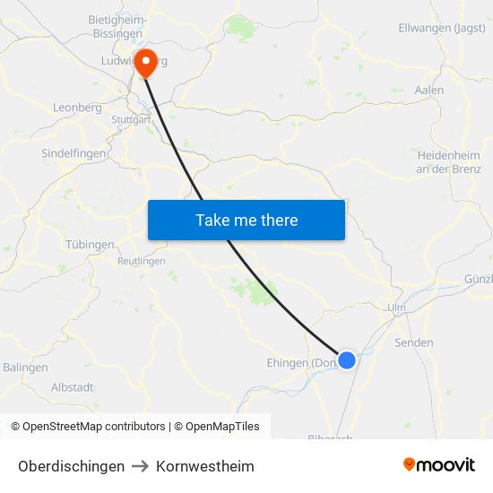 Oberdischingen to Kornwestheim map