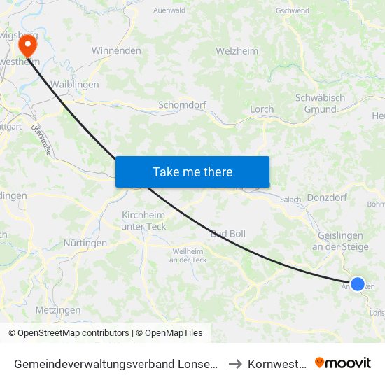 Gemeindeverwaltungsverband Lonsee-Amstetten to Kornwestheim map