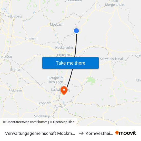 Verwaltungsgemeinschaft Möckmühl to Kornwestheim map