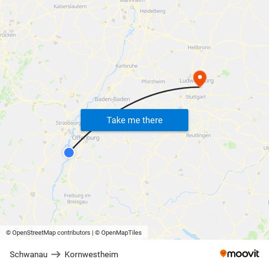 Schwanau to Kornwestheim map