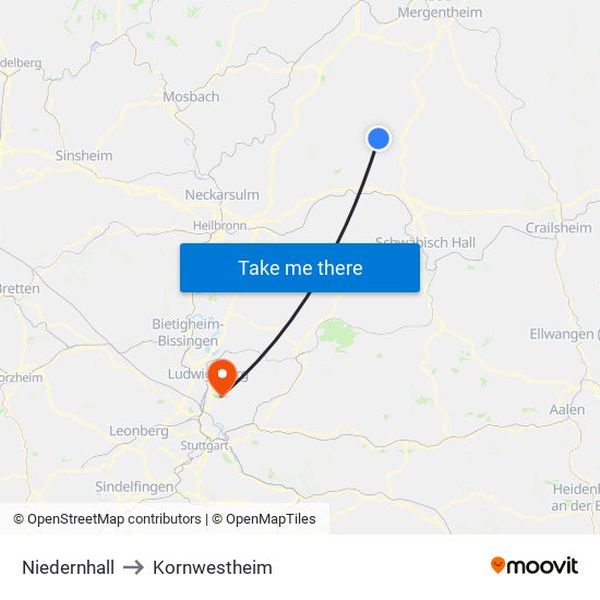 Niedernhall to Kornwestheim map
