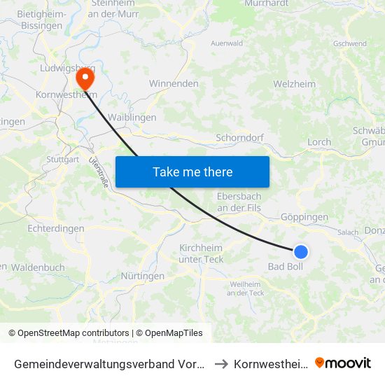 Gemeindeverwaltungsverband Voralb to Kornwestheim map