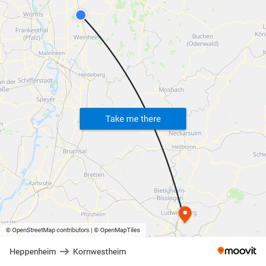 Heppenheim to Kornwestheim map