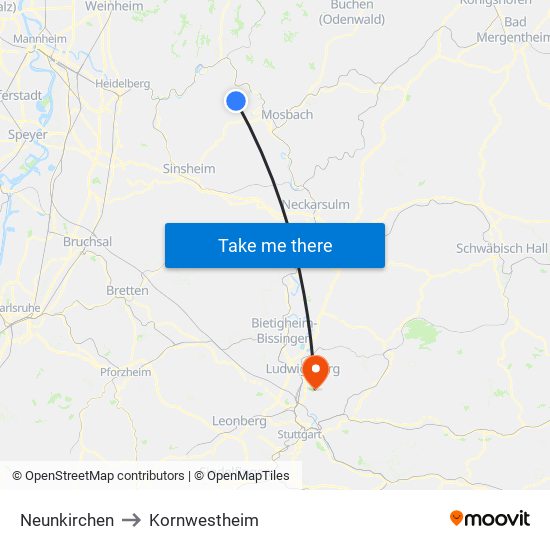 Neunkirchen to Kornwestheim map