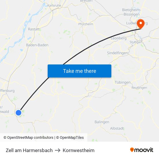 Zell am Harmersbach to Kornwestheim map