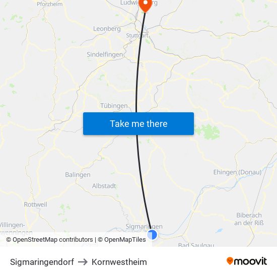 Sigmaringendorf to Kornwestheim map