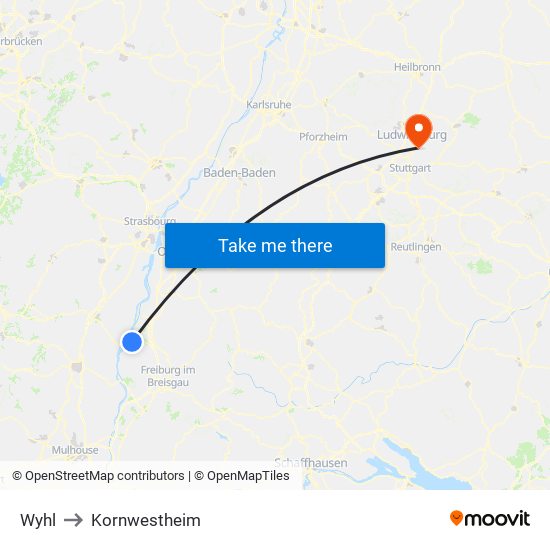 Wyhl to Kornwestheim map