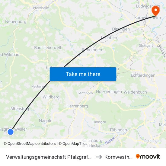 Verwaltungsgemeinschaft Pfalzgrafenweiler to Kornwestheim map