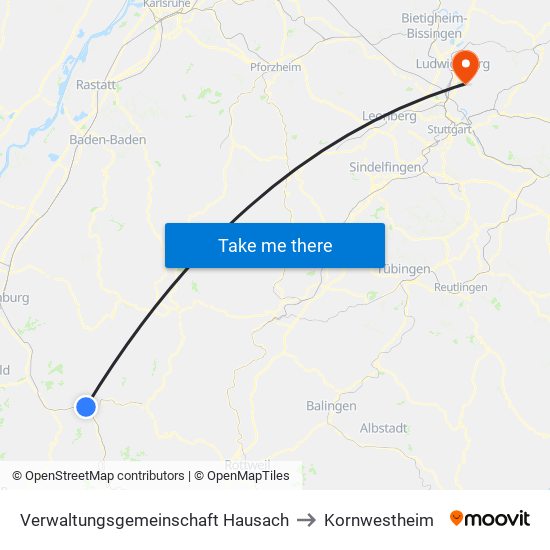 Verwaltungsgemeinschaft Hausach to Kornwestheim map