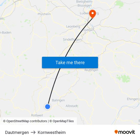 Dautmergen to Kornwestheim map