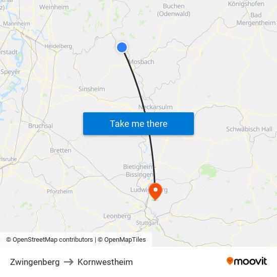Zwingenberg to Kornwestheim map