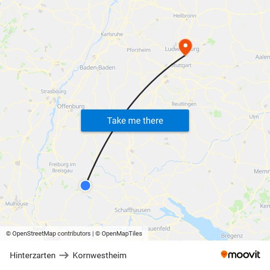 Hinterzarten to Kornwestheim map