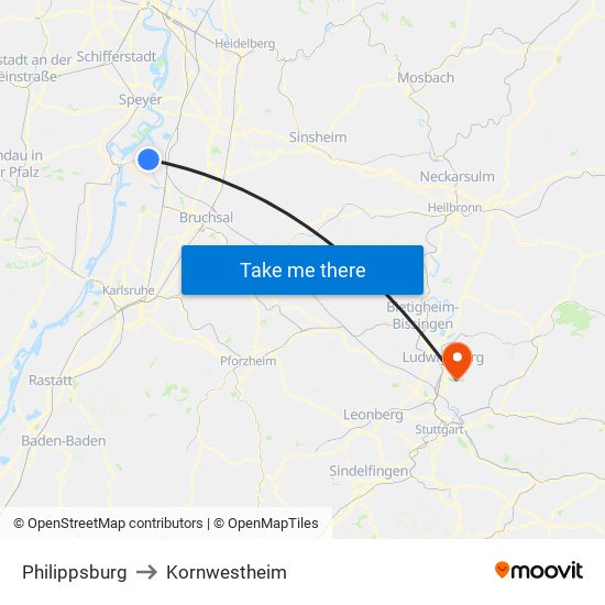 Philippsburg to Kornwestheim map