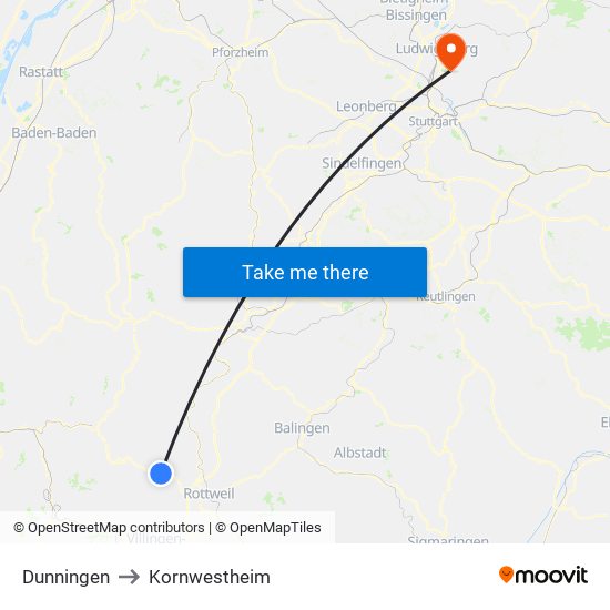 Dunningen to Kornwestheim map