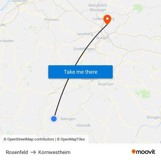 Rosenfeld to Kornwestheim map