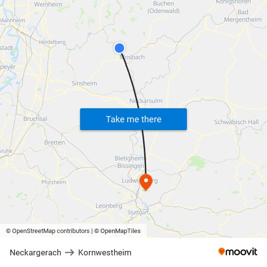 Neckargerach to Kornwestheim map