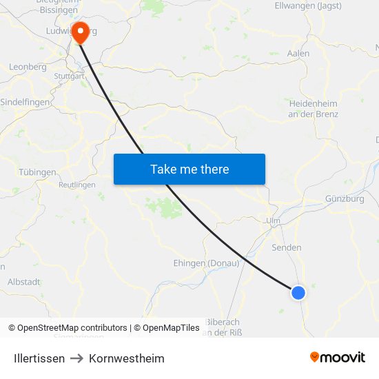 Illertissen to Kornwestheim map