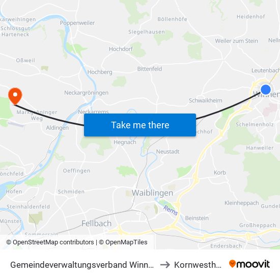 Gemeindeverwaltungsverband Winnenden to Kornwestheim map