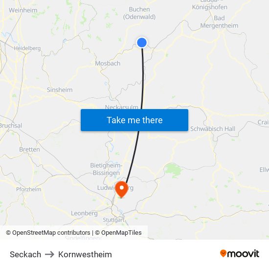Seckach to Kornwestheim map