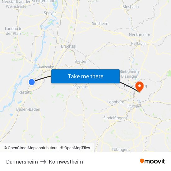 Durmersheim to Kornwestheim map