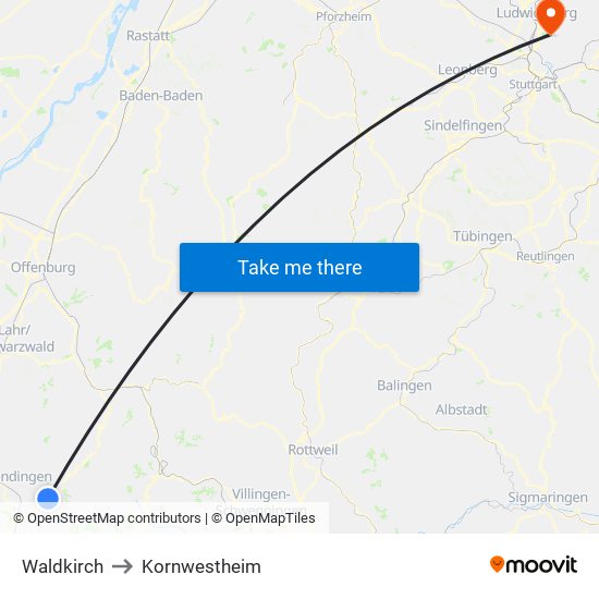 Waldkirch to Kornwestheim map