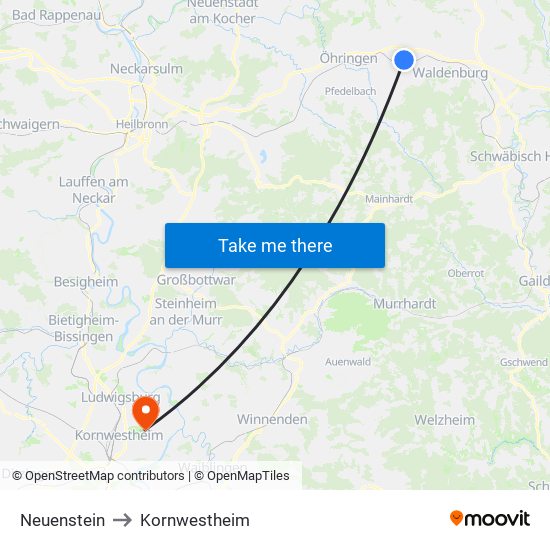Neuenstein to Kornwestheim map