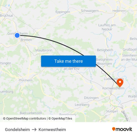 Gondelsheim to Kornwestheim map