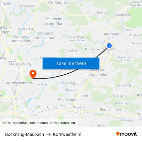 Backnang-Maubach to Kornwestheim map