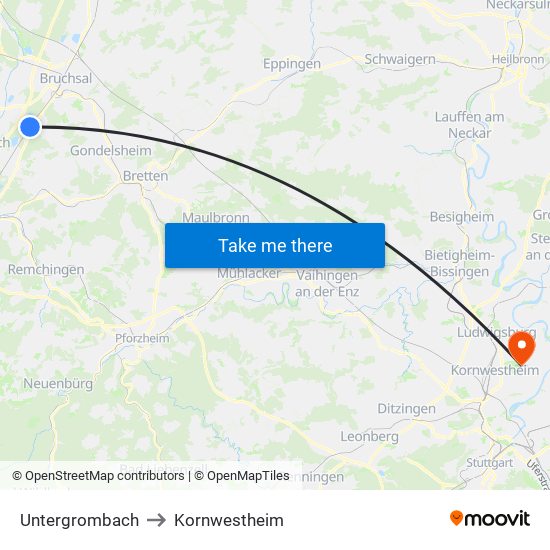 Untergrombach to Kornwestheim map