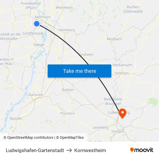 Ludwigshafen-Gartenstadt to Kornwestheim map