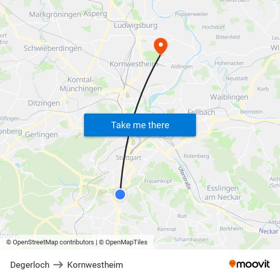 Degerloch to Kornwestheim map