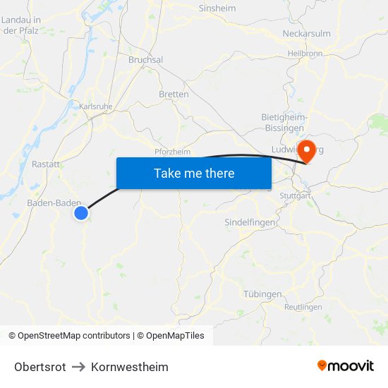 Obertsrot to Kornwestheim map