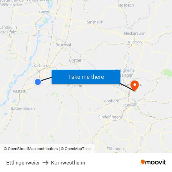 Ettlingenweier to Kornwestheim map