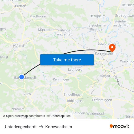 Unterlengenhardt to Kornwestheim map