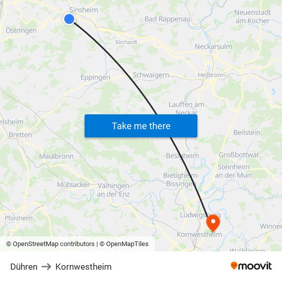 Dühren to Kornwestheim map