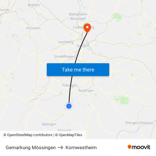 Gemarkung Mössingen to Kornwestheim map