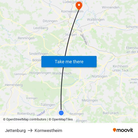 Jettenburg to Kornwestheim map