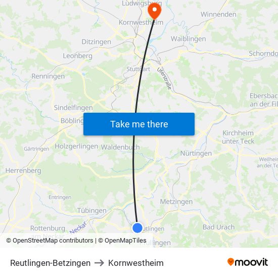 Reutlingen-Betzingen to Kornwestheim map