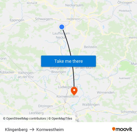 Klingenberg to Kornwestheim map