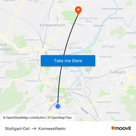 Stuttgart-Ost to Kornwestheim map