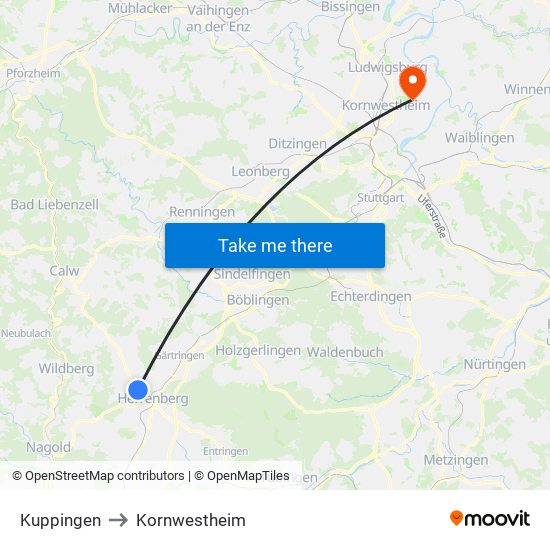 Kuppingen to Kornwestheim map
