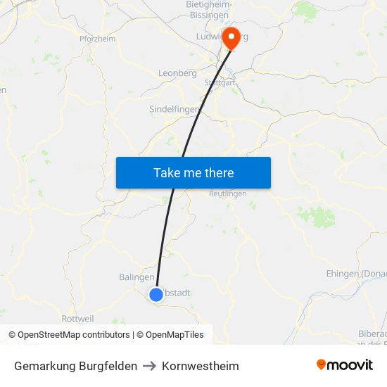 Gemarkung Burgfelden to Kornwestheim map