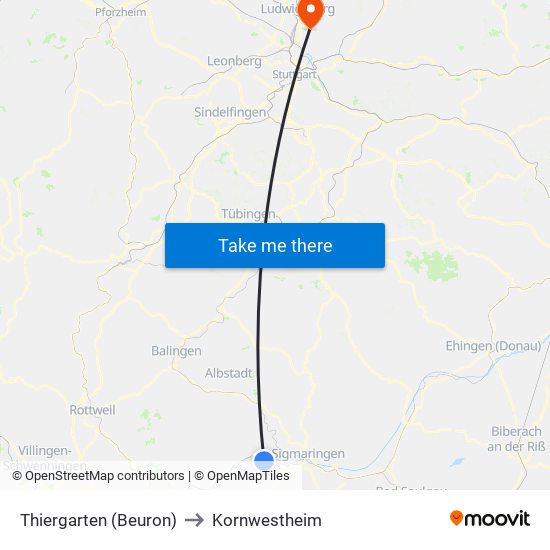 Thiergarten (Beuron) to Kornwestheim map