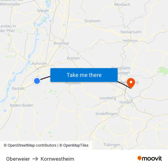 Oberweier to Kornwestheim map