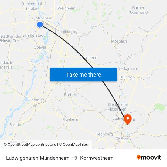 Ludwigshafen-Mundenheim to Kornwestheim map