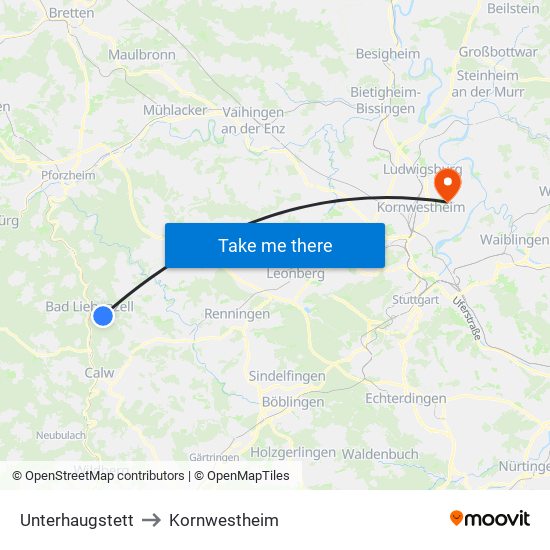 Unterhaugstett to Kornwestheim map