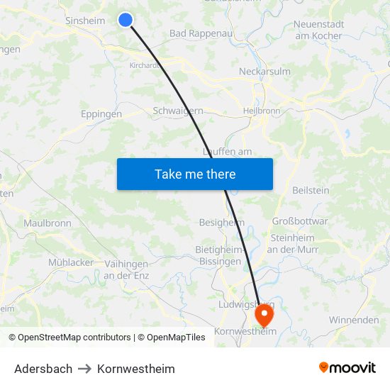 Adersbach to Kornwestheim map
