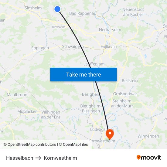 Hasselbach to Kornwestheim map