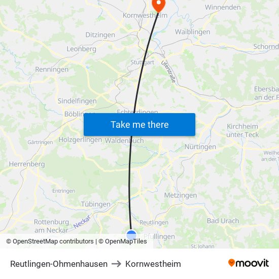 Reutlingen-Ohmenhausen to Kornwestheim map